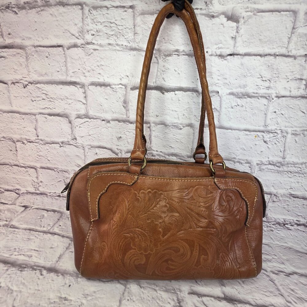 Patricia Nash Embossed Leather Shoulder Bag Brown Dual Handles & Zipper Closure